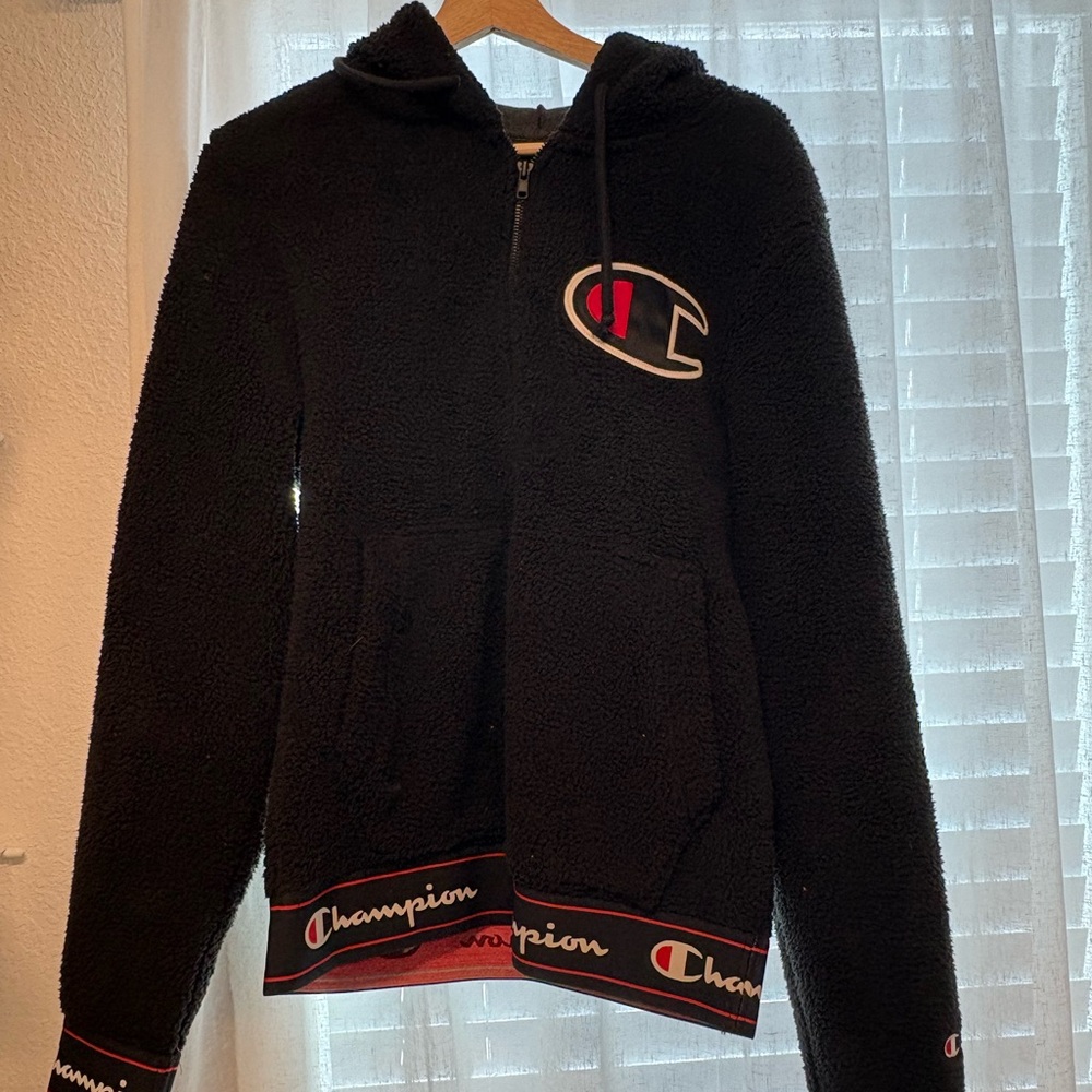 Champion Oversized Black Sherpa Hoodie with Logo